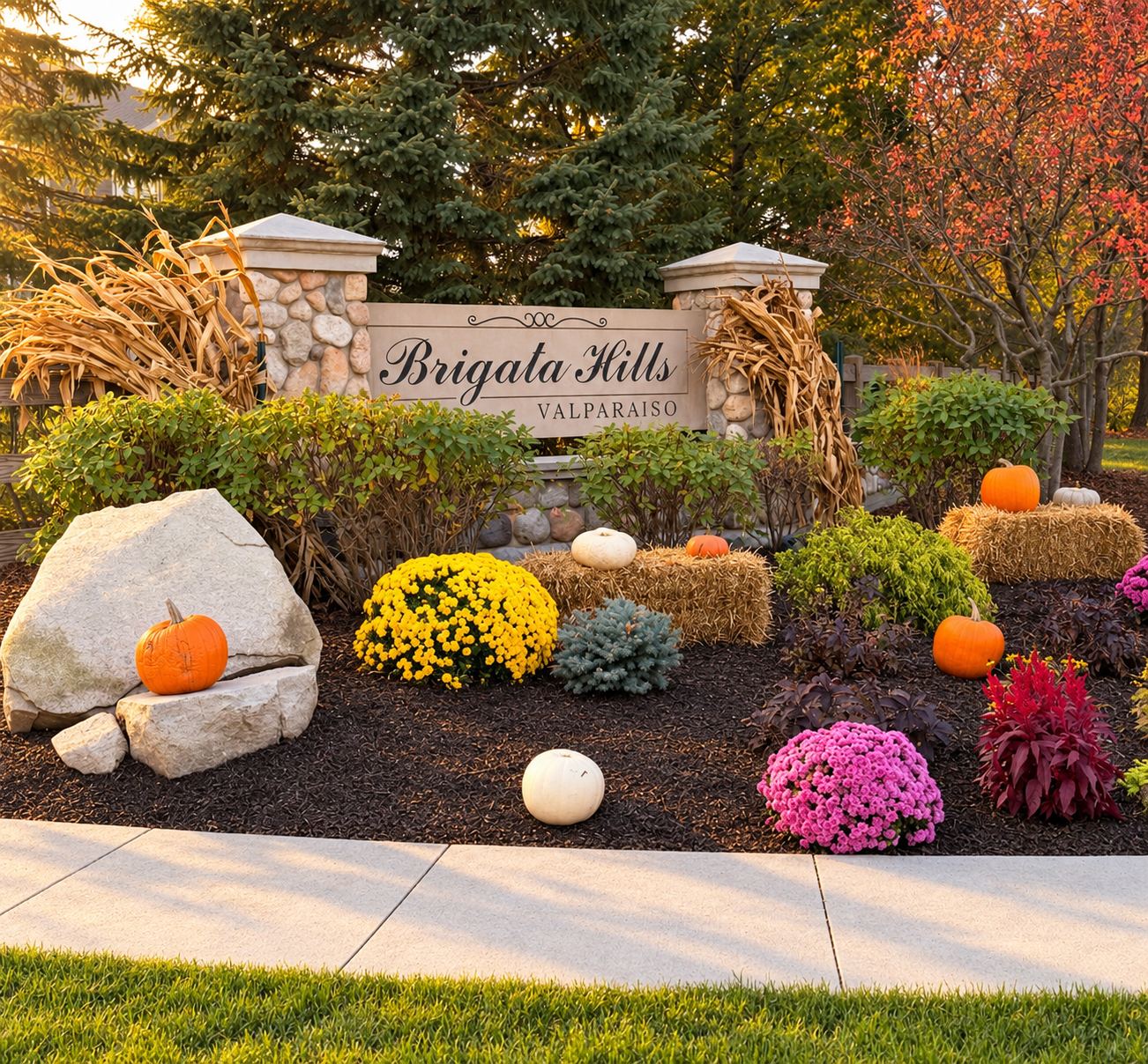 Brigata Hills Valparaiso entrance sign with fall plantings